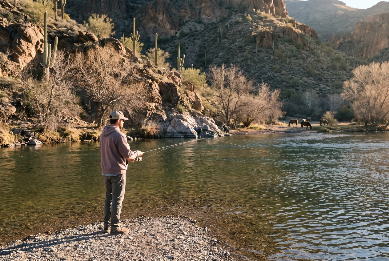 An angler casting from a rocky bank of the Lower Salt River at sunrise, saguaros on the canyon slope behind and wild horses on the far bank