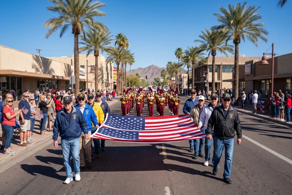 Veterans in unit ball caps marching north up Third Street in central Phoenix on a bright November day, spectators with small American flags on the kerb and palm trees along the street