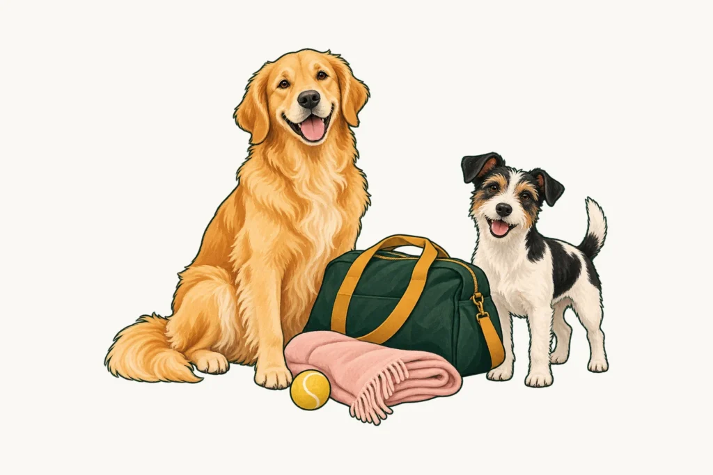 A golden retriever and a small terrier sitting beside a packed overnight bag